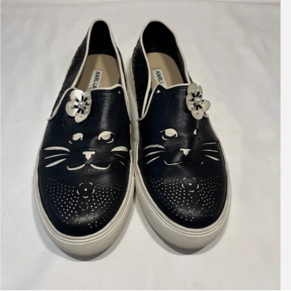 KARL LAGERFELD Edison Ed Black Leather Cat Themed Slip on Casual Shoes Size 6M